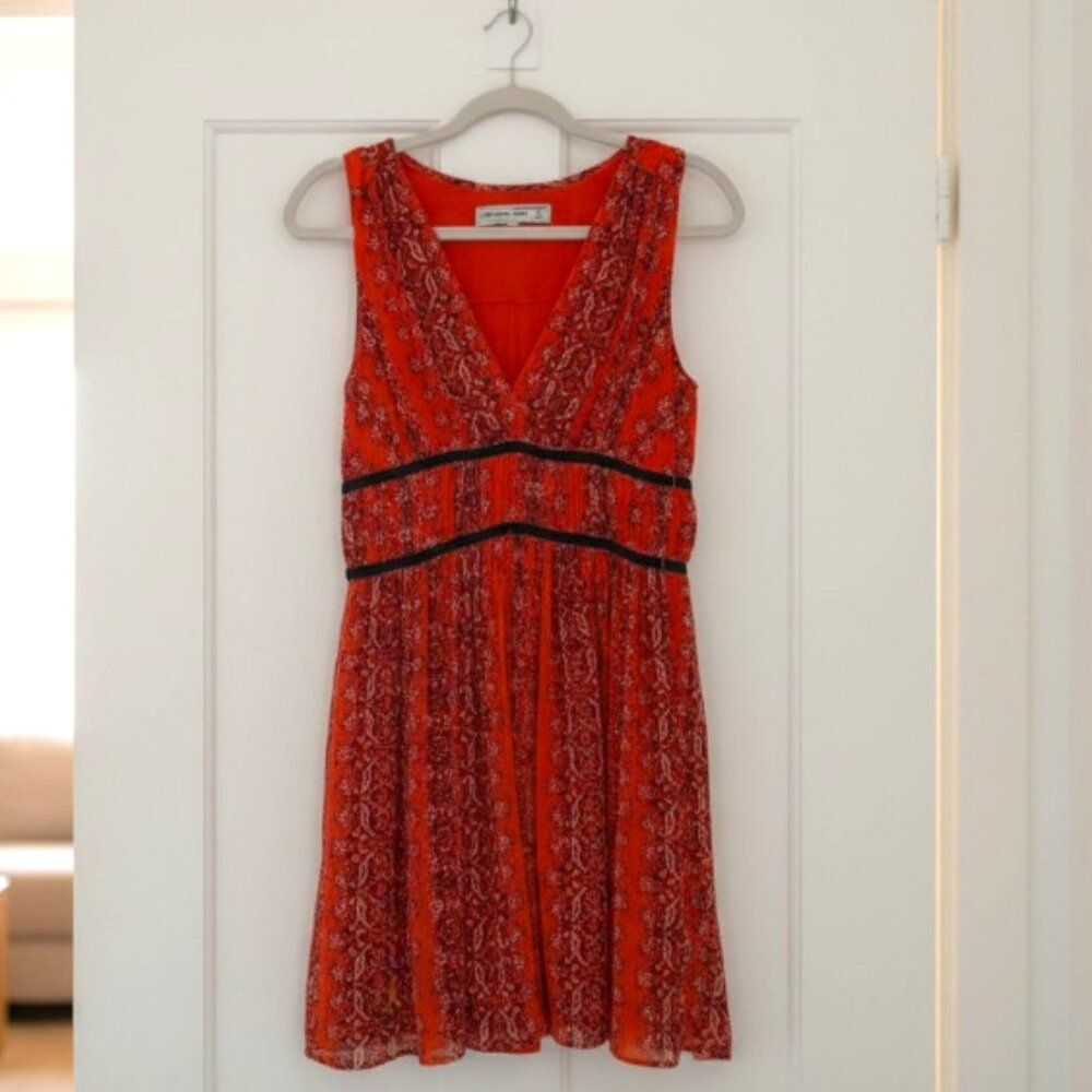 Red Patterned Sleeveless Dress with Black Trim
